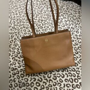 Tory Burch Brown Pebbled Leather Double-Handle Tote with Gold Logo Britten tote
